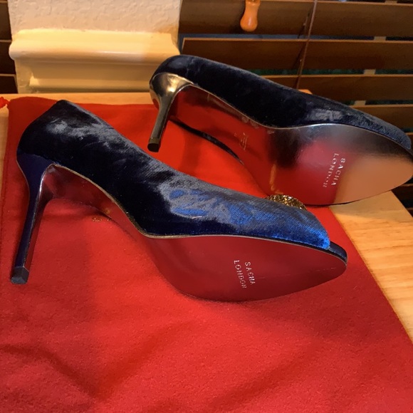 Sacha London Pippa Navy Velvet Peep Toe Heels 💙 - Picture 7 of 8